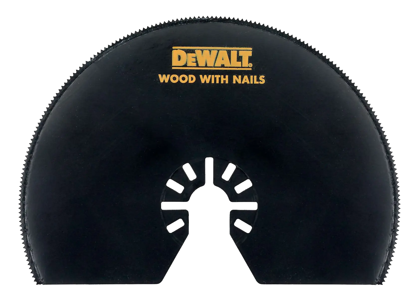 DEWALT DT20708 schwarze Kreissägeblatt für Holz mit Nägeln, halbkreisförmig mit Zähnen.
