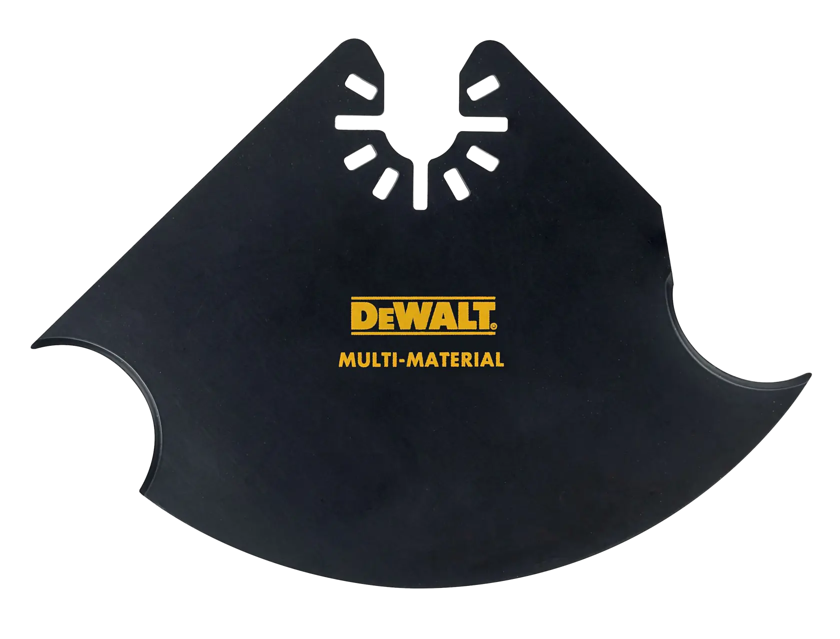 Eine schwarze DEWALT Mehrmaterial-Schneidklinge mit markanten gebogenen Kanten und Befestigungsschlitzen, fotografiert vor weißem Hintergrund.
