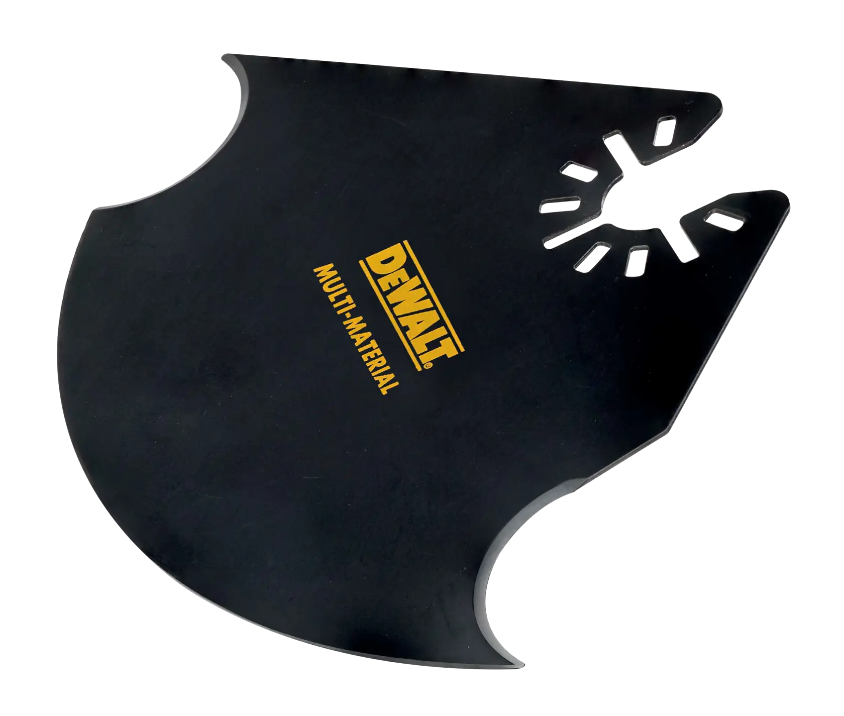 Ein DEWALT Mehrmaterial-Sägeblattaufsatz mit schwarzer Oberfläche und eckigem Design, geeignet zum Schneiden verschiedener Materialien.