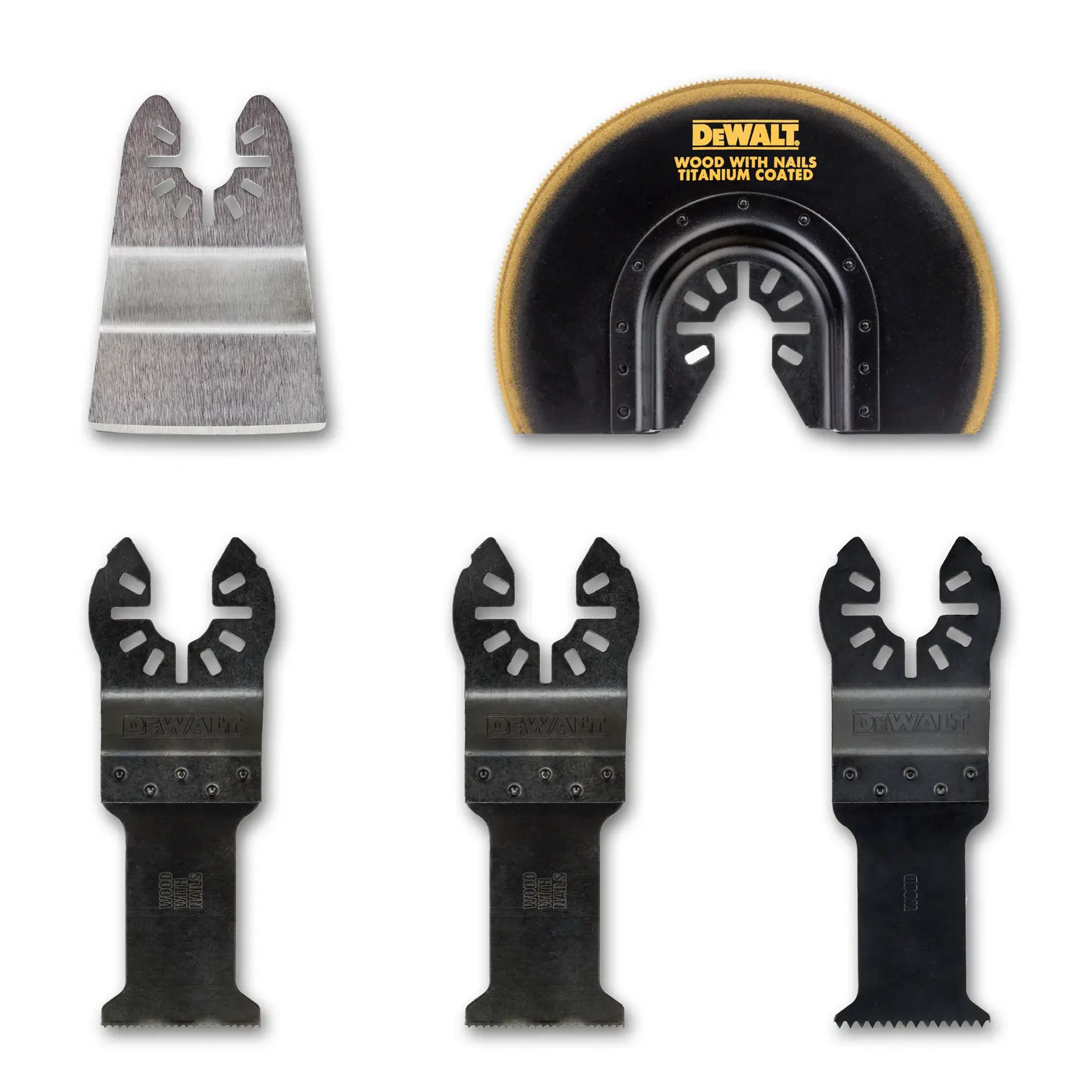 A set of six DEWALT multi-tool blades, including various straight and segmented blades for cutting wood, metal, and other materials. The blades are arranged in two rows, with different shapes and tooth designs, suitable for a variety of oscillating tool applications.