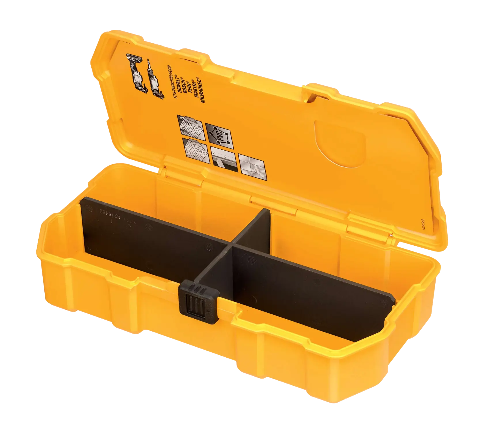 A yellow DEWALT plastic tool storage box with an open lid, showing internal compartments separated by black dividers. The inside of the lid features some printed instructions and illustrations.