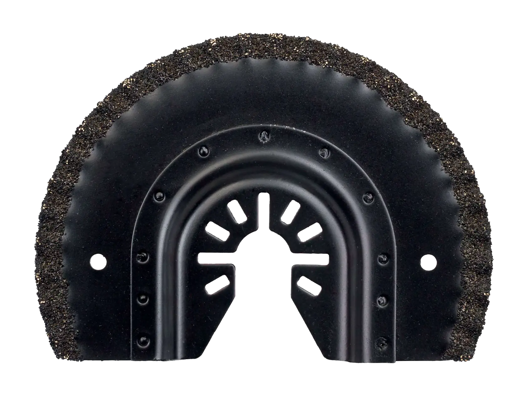 Semi-circular DEWALT oscillating saw blade with grit edge for cutting or scraping tasks.