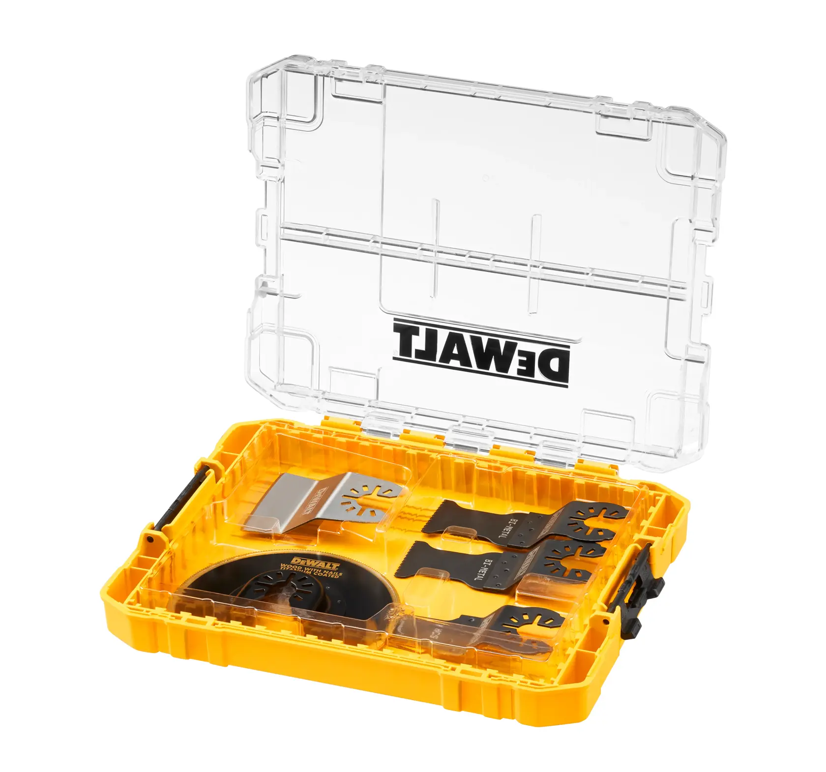 Gelber DEWALT Werkzeugkasten mit verschiedenen Klingen und Zubehör unter Klarsichtdeckel.