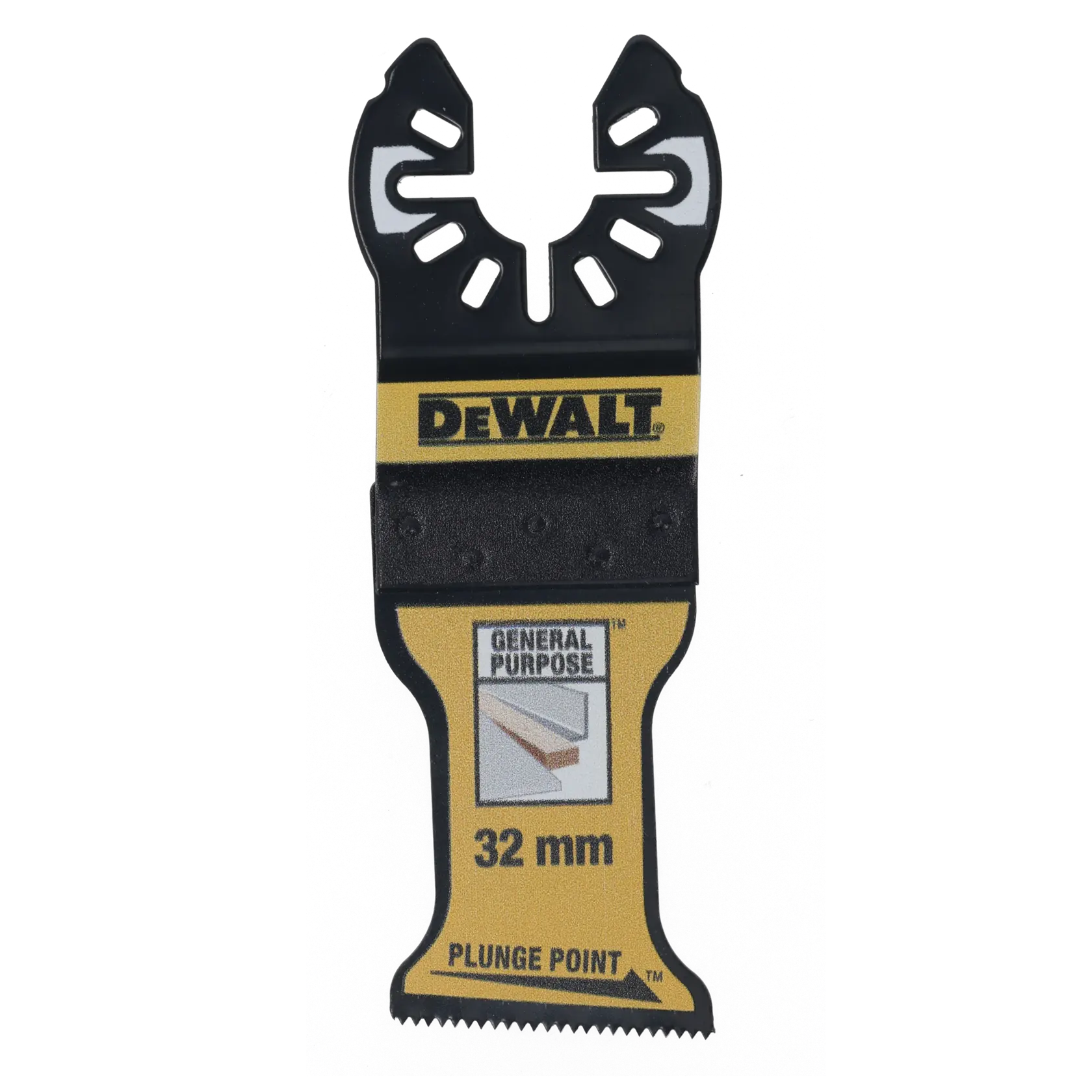 DEWALT 32mm Sägeblatt für Allzweck-Einschnitte. Schwarz-gelbes Werkzeug mit gezahnter Kante.