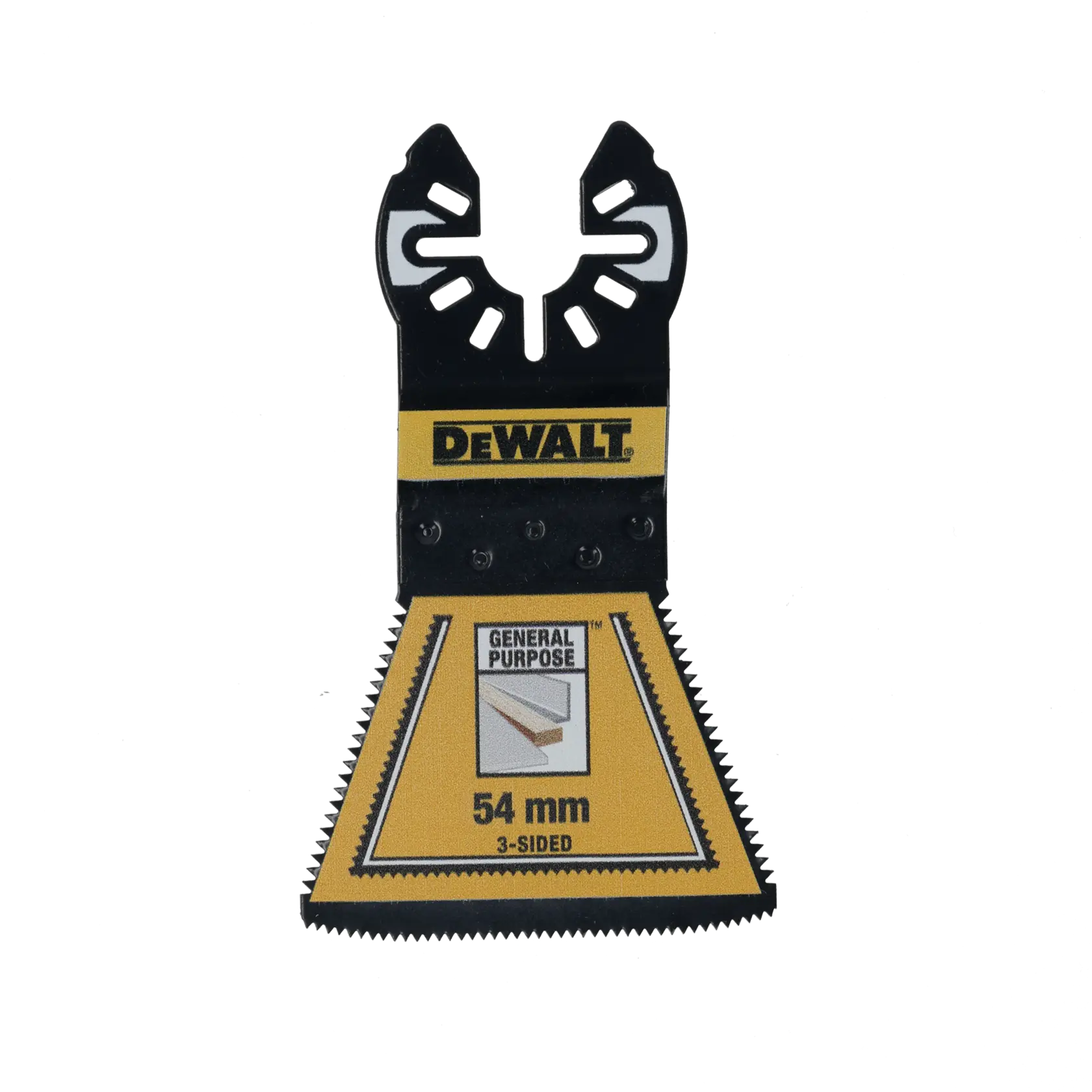DEWALT 54 mm dreiseitiges Sägeblatt für Multitool, schwarz und gelb.