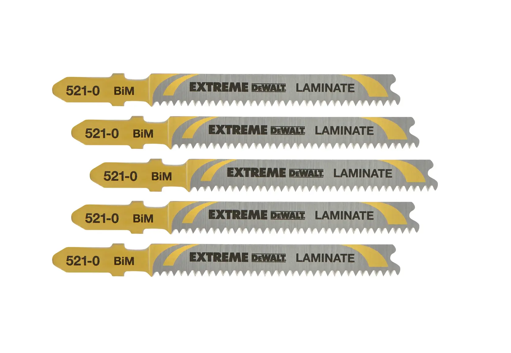 Cinco hojas de sierra DEWALT DT2080 para laminado, amarillas y plateadas, alineadas sobre fondo blanco.