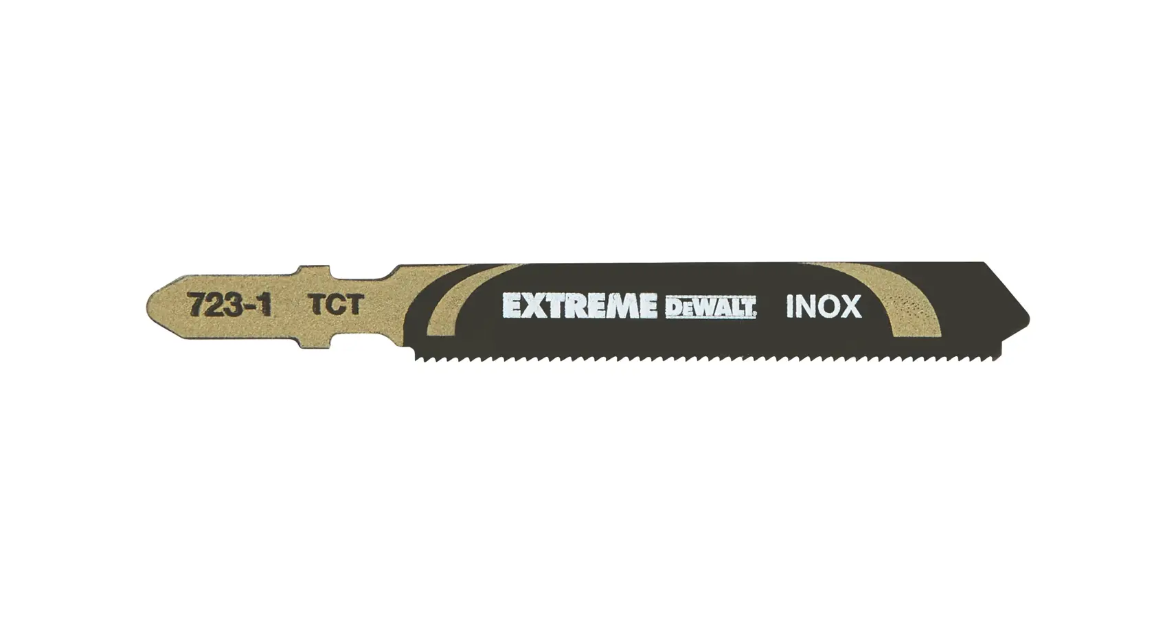 Hoja de caladora DEWALT DT2101 Extreme INOX para metal, mostrada sobre fondo blanco.
