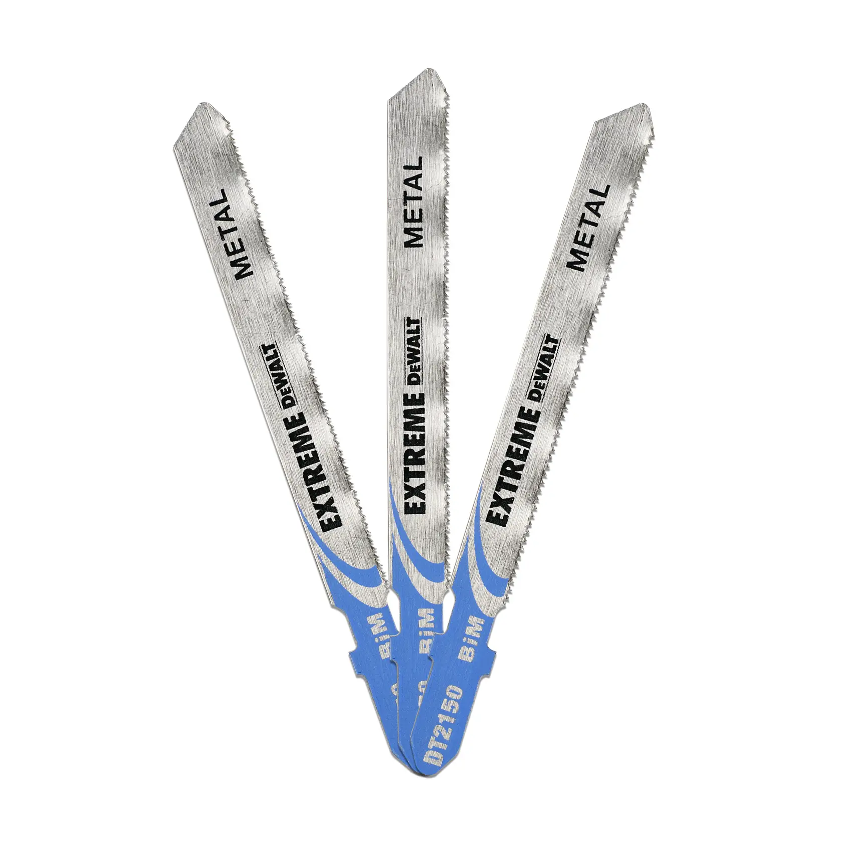 Tres hojas de caladora DEWALT DT2150 Extreme para metal con base azul, dispuestas en abanico.