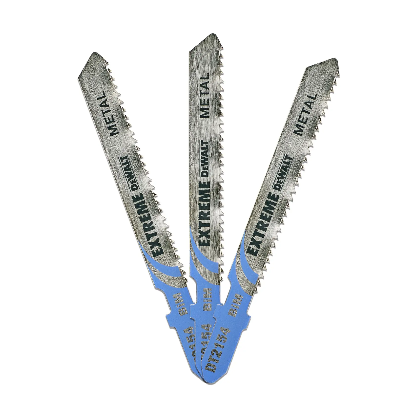 Tres hojas de sierra DEWALT DT2154 Extreme para metal, en abanico sobre fondo blanco.