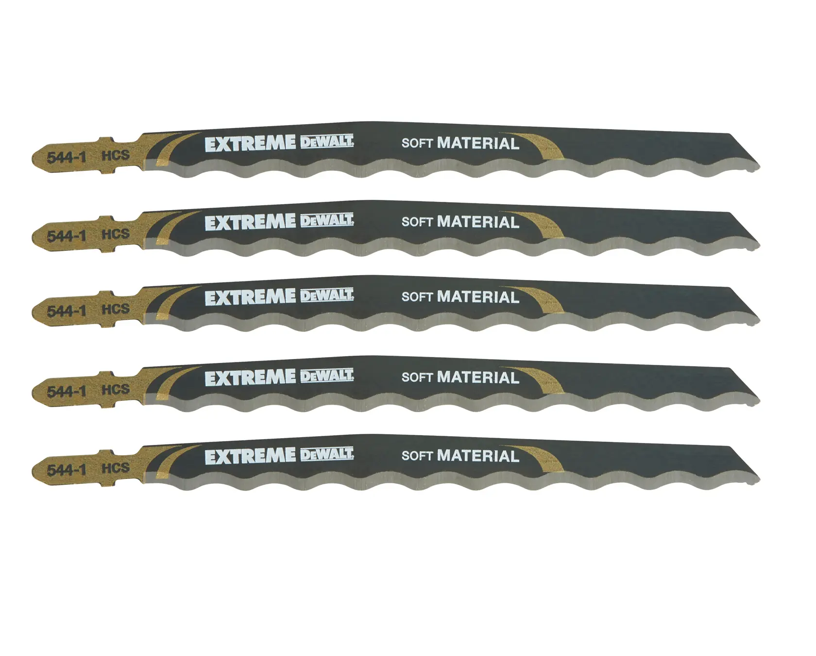 Cinco hojas de sierra de calar DEWALT Extreme para materiales blandos, modelo 544-1 HCS, dispuestas en paralelo sobre un fondo blanco.