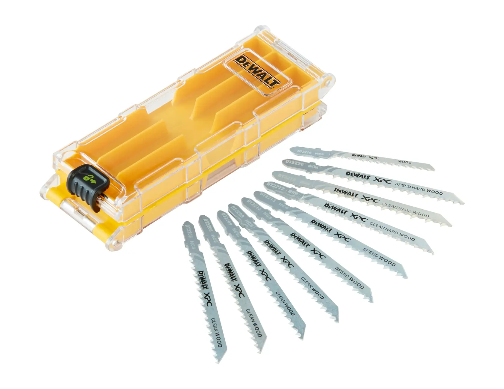 Juego de hojas para caladora DEWALT con estuche amarillo y diez hojas metálicas al frente.