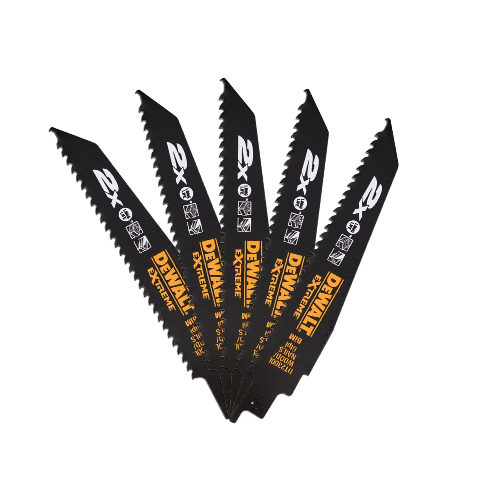 Cinco hojas de sierra DEWALT DT2300L negras en abanico, con marca y detalles del producto visibles.