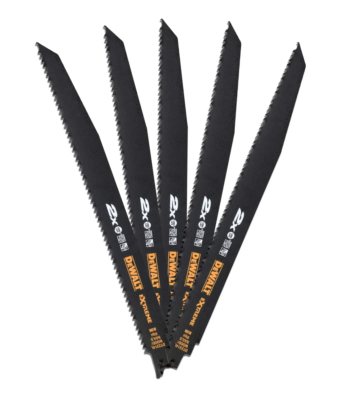 Cinco hojas de sierra negra DEWALT DT2314L con marca amarilla, dispuestas en forma de abanico.