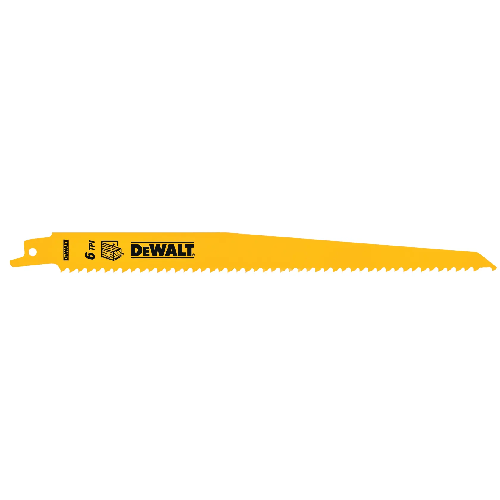 Hoja de sierra alternativa DEWALT amarilla DT2349 con dientes afilados, para cortar madera o metal.
