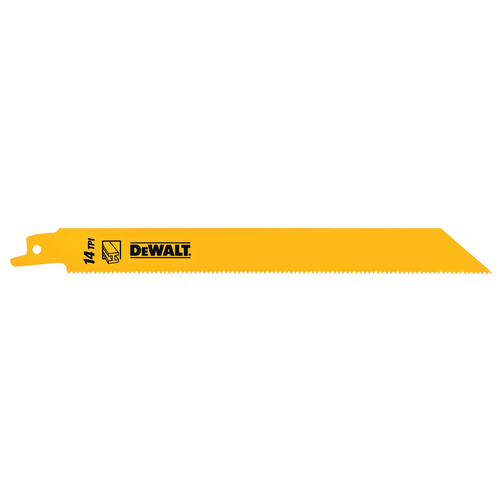 Una hoja de sierra alternativa amarilla DEWALT con 14 dientes por pulgada (TPI) impresos en el lateral.