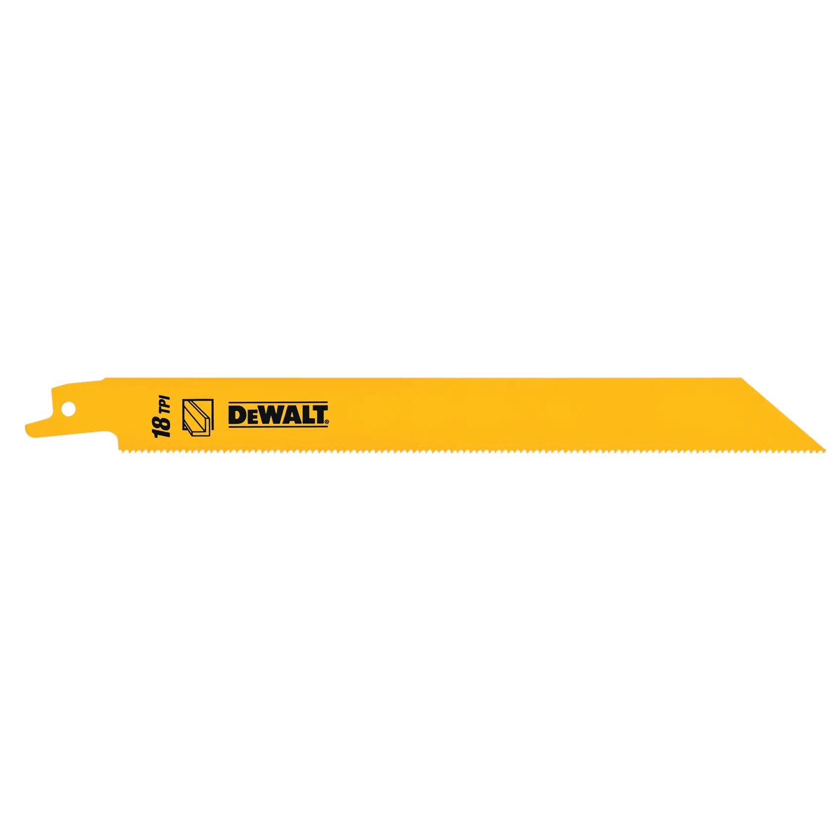 Hoja de sierra DEWALT amarilla de dientes finos, 18 TPI, para cortar metal o madera.