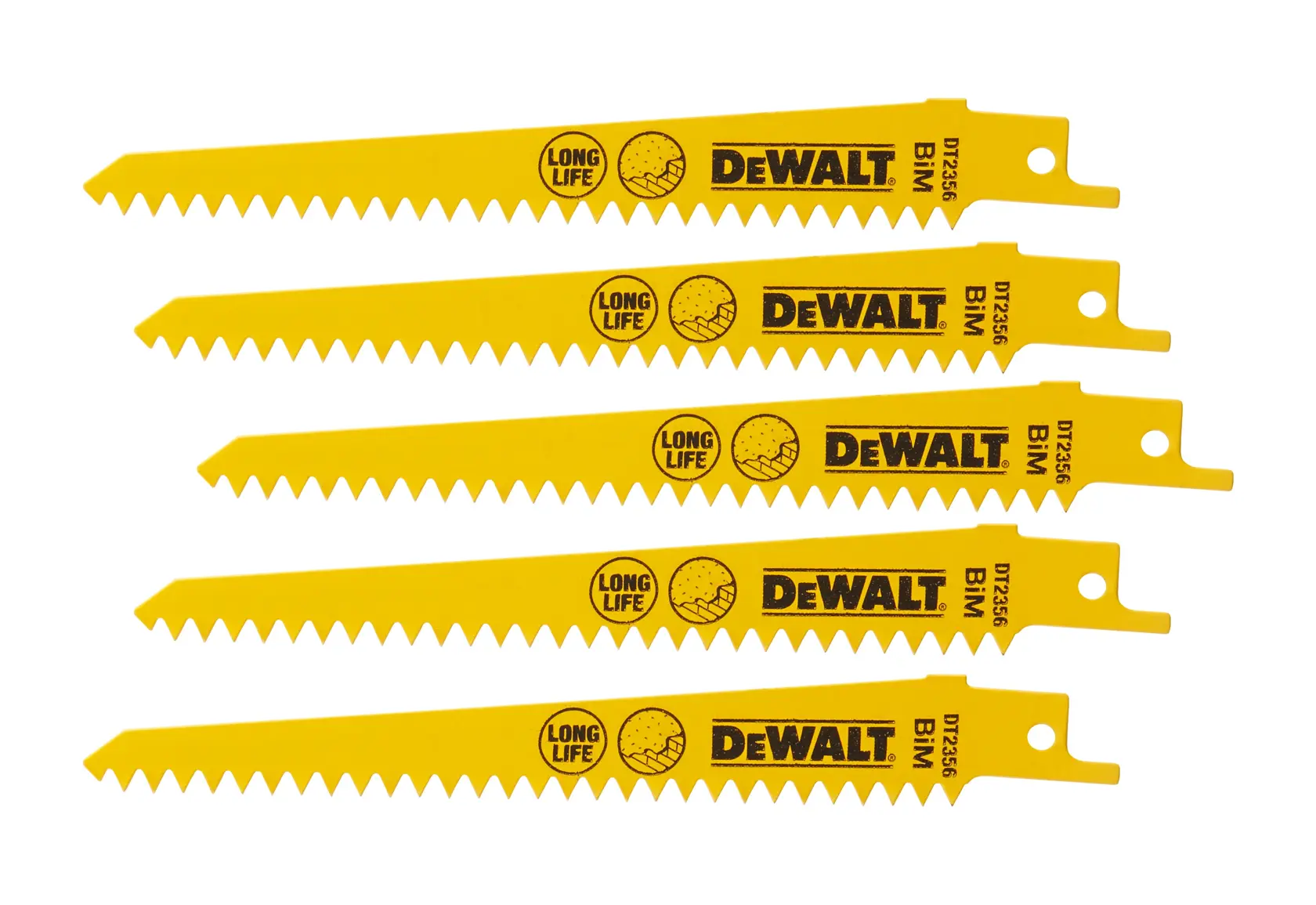 Cuatro hojas amarillas DEWALT DT2356 para sierra, con 'LONG LIFE' y 'BIM', alineadas en fila.