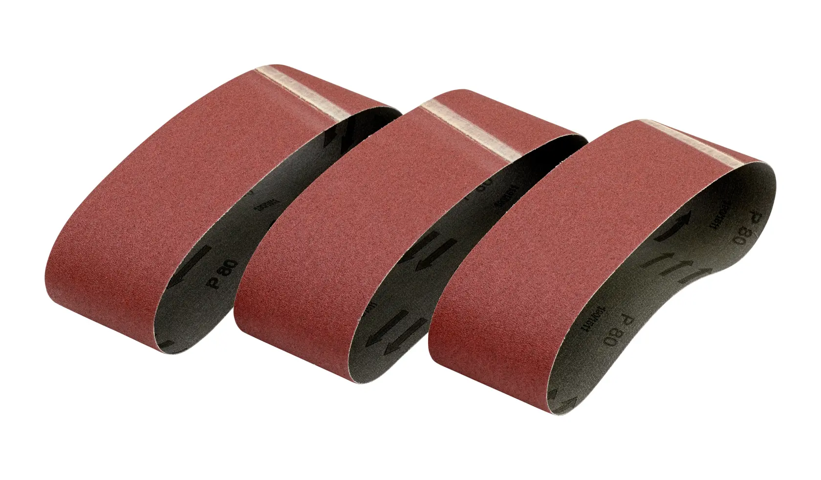 Tres bandas de lijado DEWALT rojas alineadas, ideales para madera y acabado de superficies.