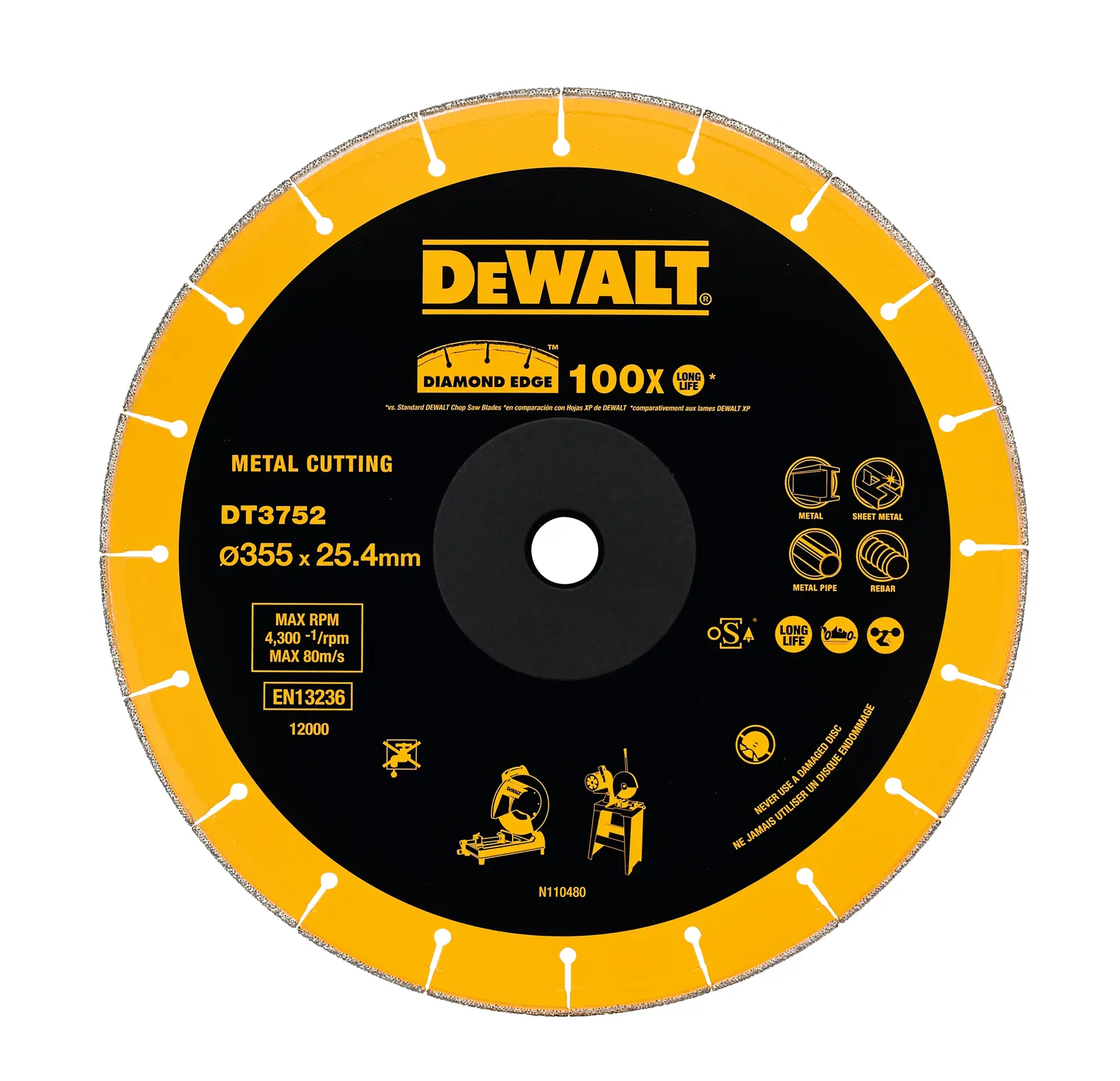 Disco de diamante DEWALT DT3752, corte de metal, diámetro 355mm, larga vida útil.