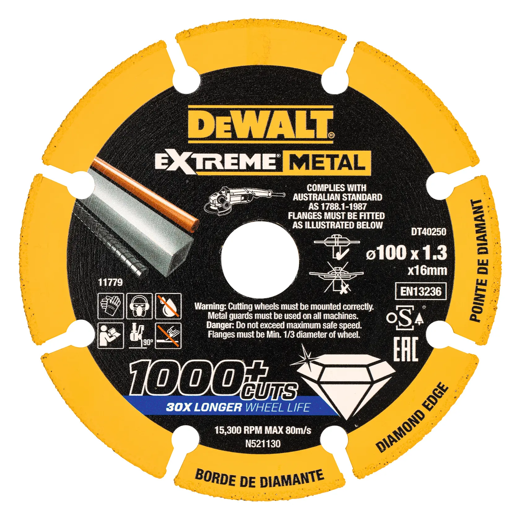 DEWALT DT40250 Extreme Metal diamond edge cutting disc, 100mm x 1.3mm x 16mm, with yellow segmented rim and black center, showing product details, metal, and diamond icons. The disc claims 1000+ cuts and 30x longer wheel life.