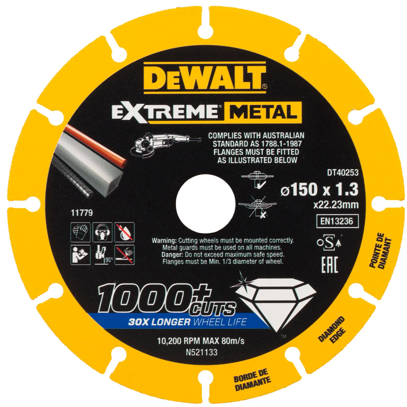 DEWALT DT40253 Extreme Metal cutting disc, 150x1.3x22.23mm, yellow diamond edge for long-lasting wheel life.