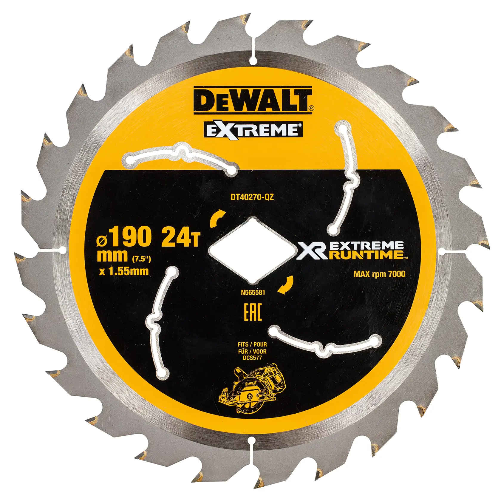 DEWALT DT40270 saw blade with 24 teeth, 190mm diameter, for cutting wood. Extreme Runtime design.