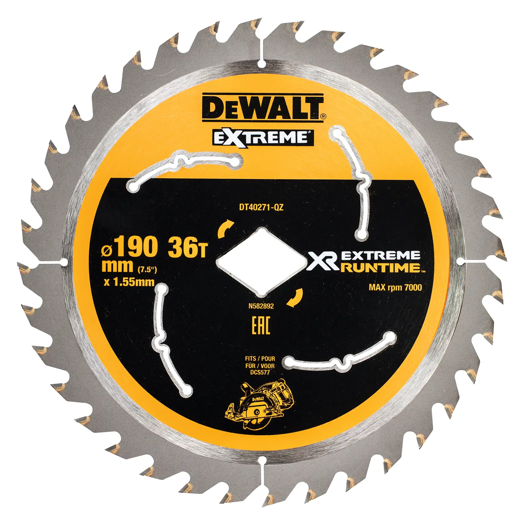 DEWALT DT40271 190mm 36T circular saw blade with yellow and black design for XR Extreme Runtime.