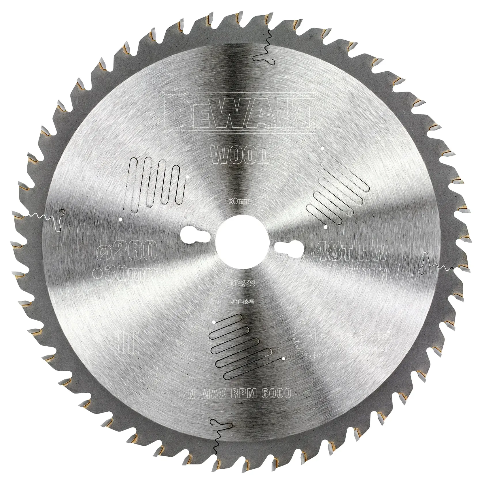 Una hoja de sierra circular para madera, fabricada por DEWALT, con 48 dientes y un diámetro de 260 mm. La hoja es metálica con especificaciones grabadas y un agujero central de montaje.