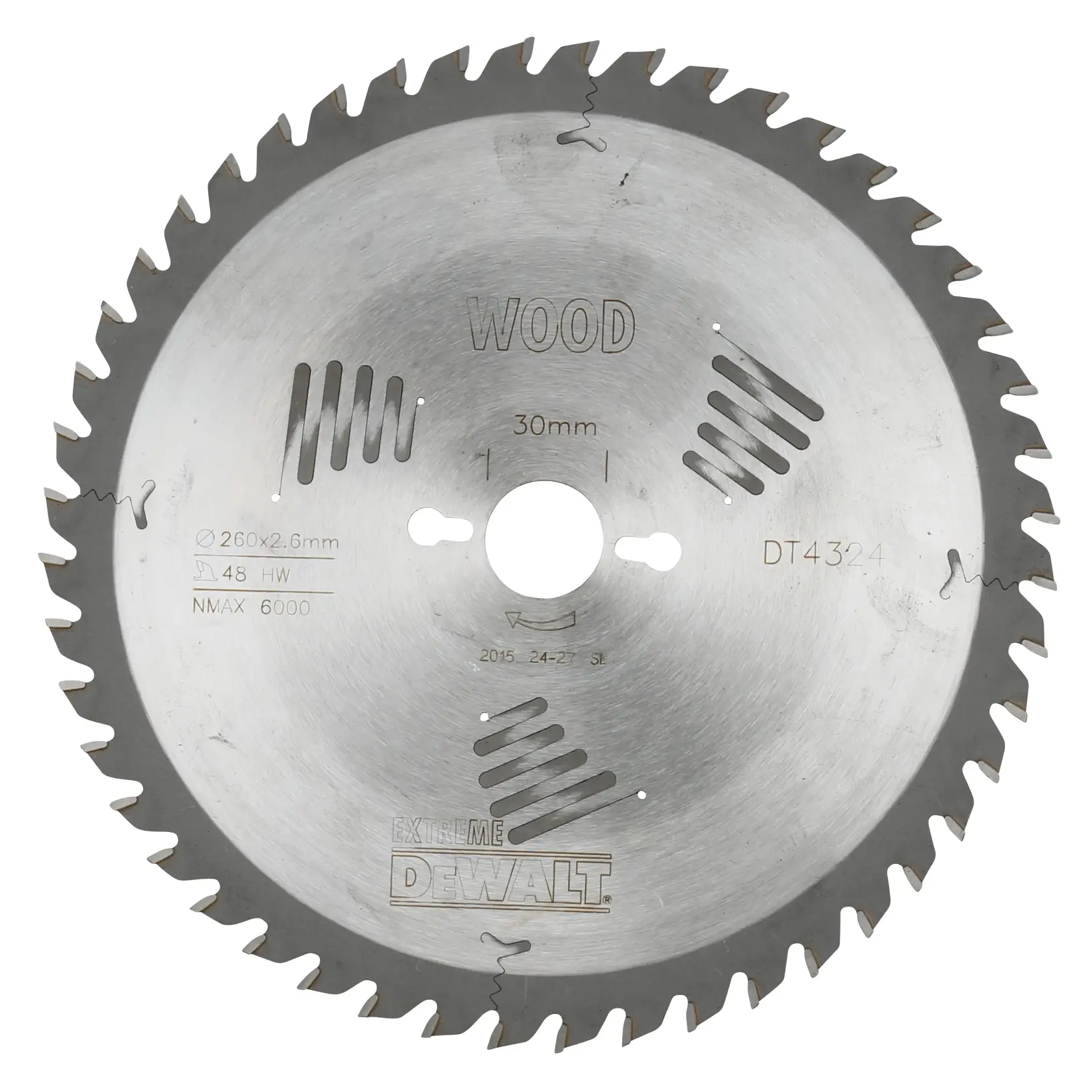 Una hoja de sierra circular para cortar madera de DEWALT, modelo DT4324, con 48 dientes y agujero de eje de 30 mm. Velocidad máxima indicada: 6000 RPM.