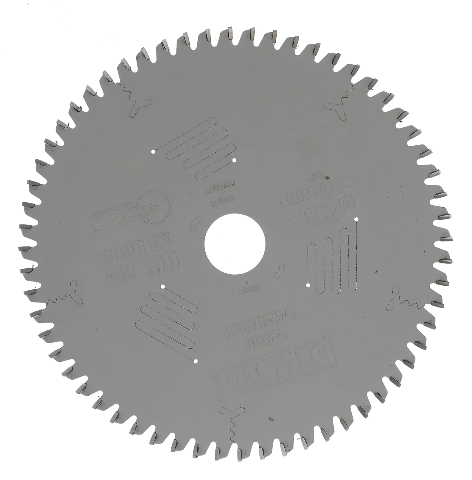 Una hoja de sierra circular para madera con múltiples dientes afilados y un agujero central, fabricada por DEWALT.