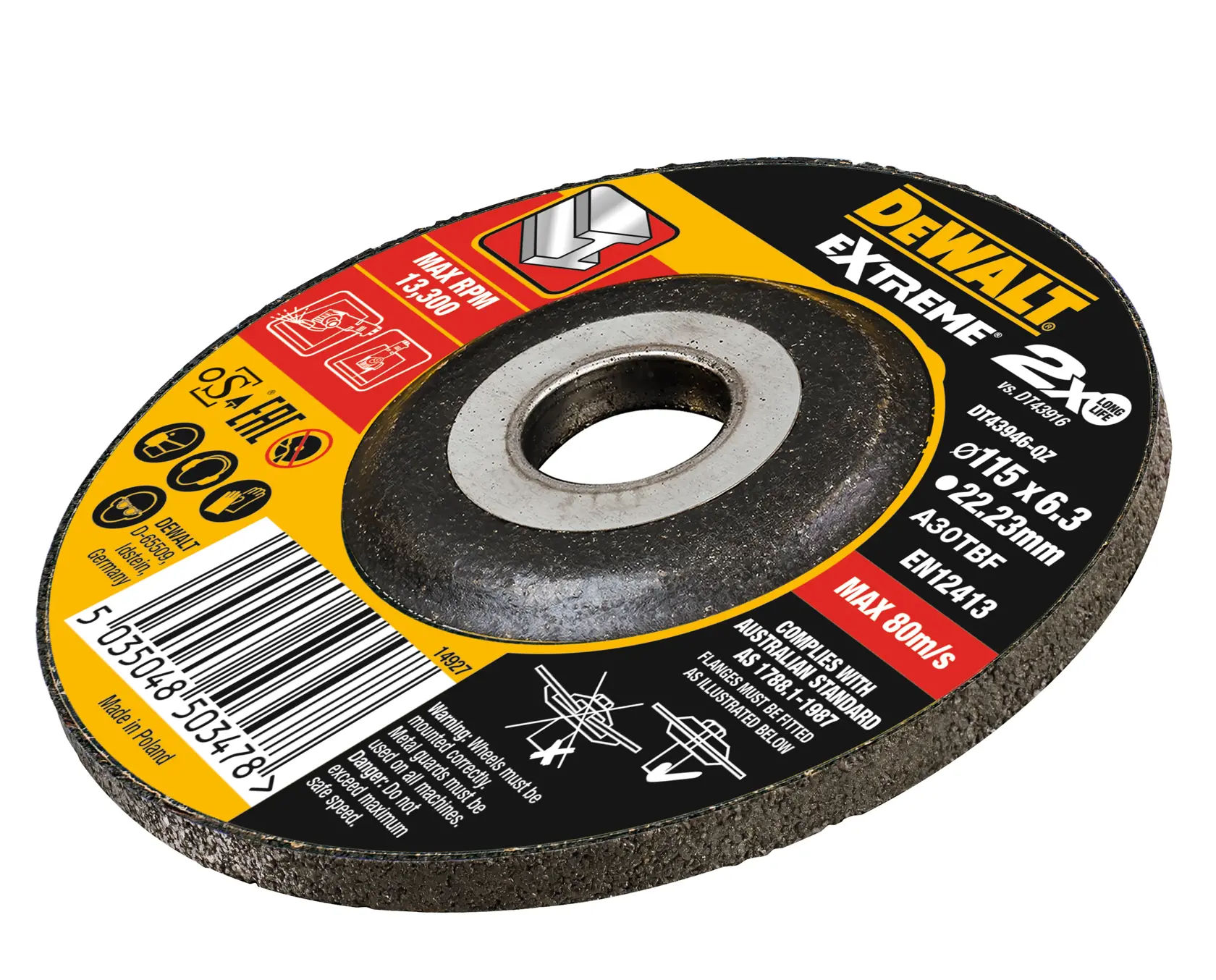 DEWALT DT43946 Extreme grinding disc, diameter 115 mm, for metal, black and yellow label.