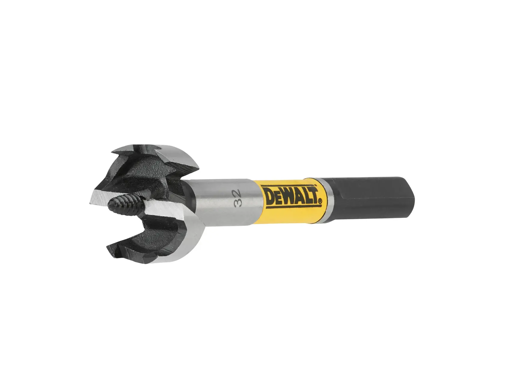 Imagen en primer plano de una broca para madera DEWALT con vástago hexagonal y marca de tamaño de 32mm, diseñada para trabajar madera.
