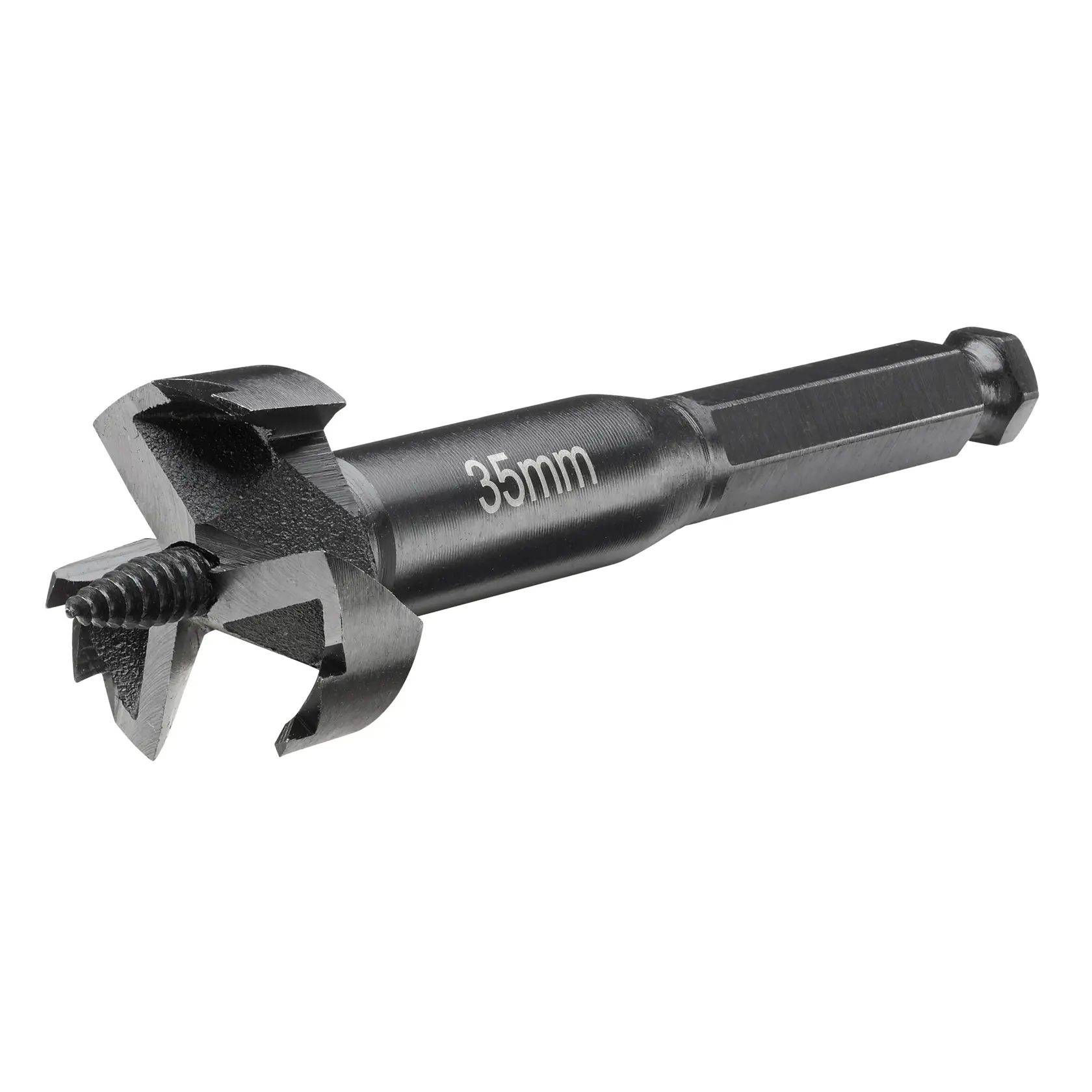 Broca DEWALT 35mm, vástago hexagonal, acabado metálico, para madera y perforaciones precisas.