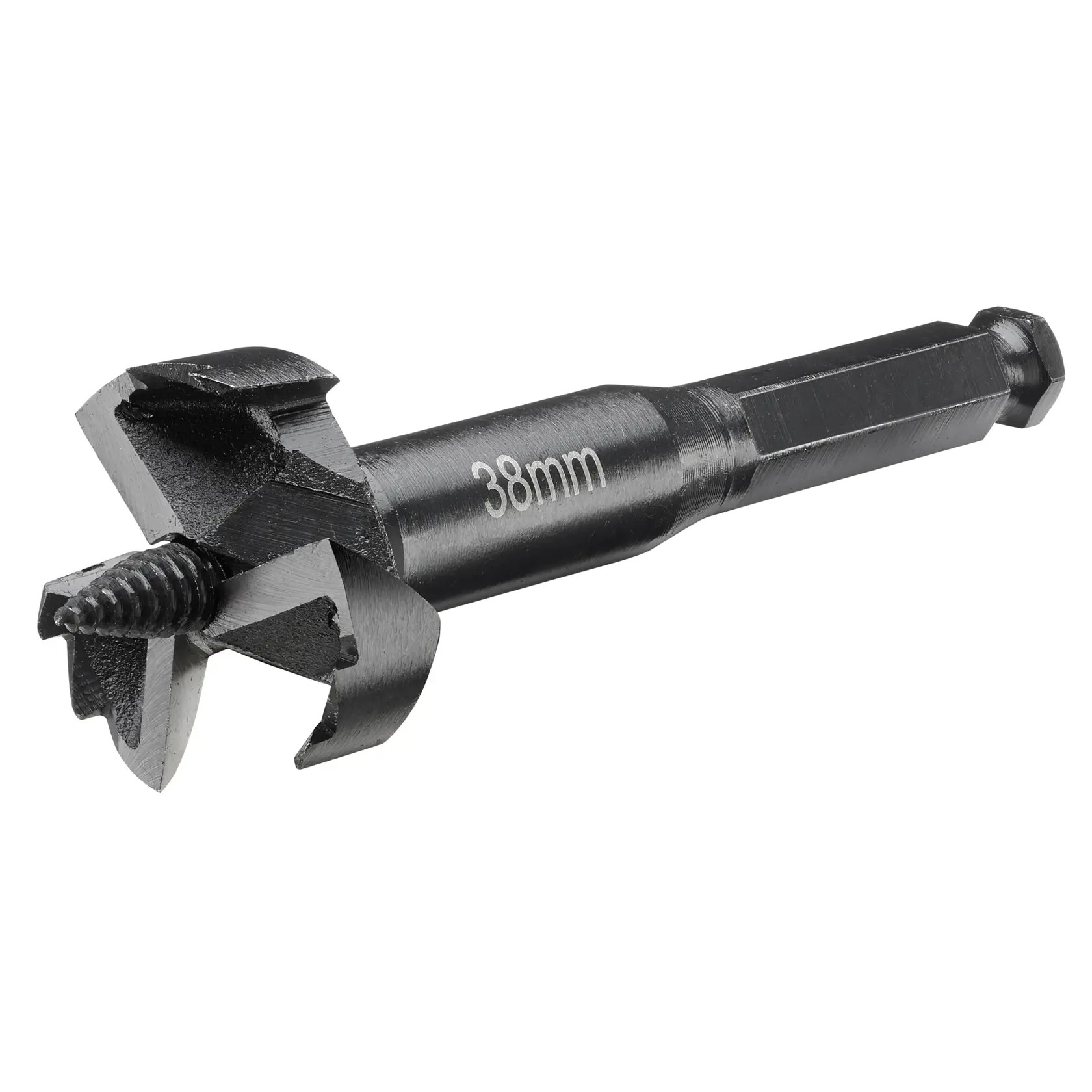 Una broca para madera DEWALT de 38 mm con vástago hexagonal y punta central roscada para taladrado de precisión.
