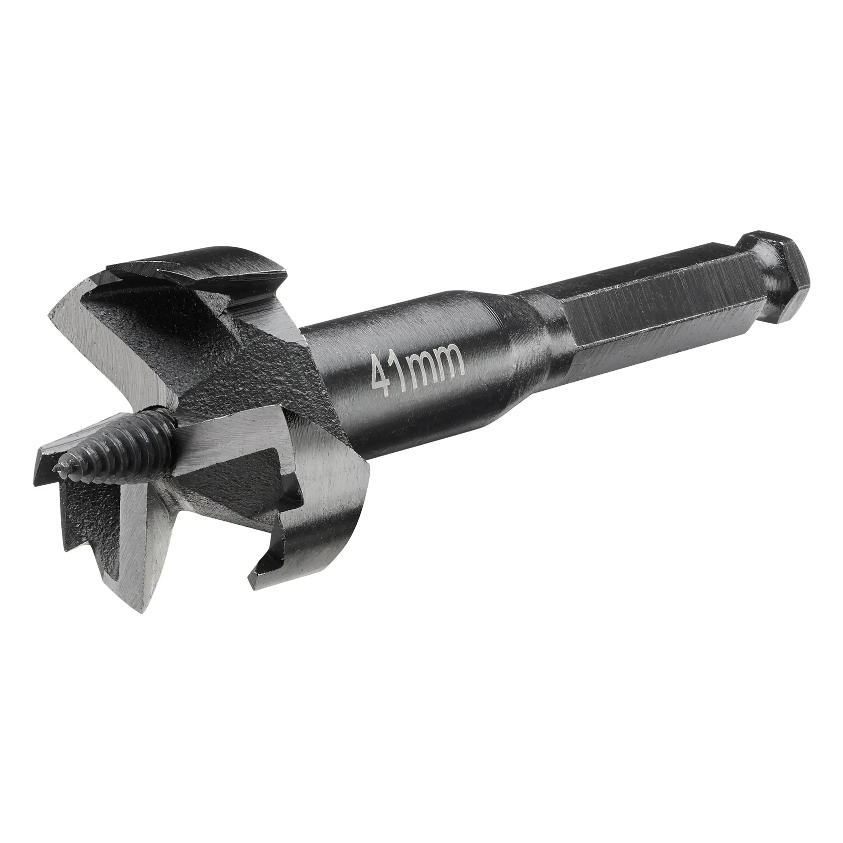 Imagen en primer plano de una broca para madera DEWALT de 41 mm con vástago hexagonal, diseñada para perforaciones precisas.