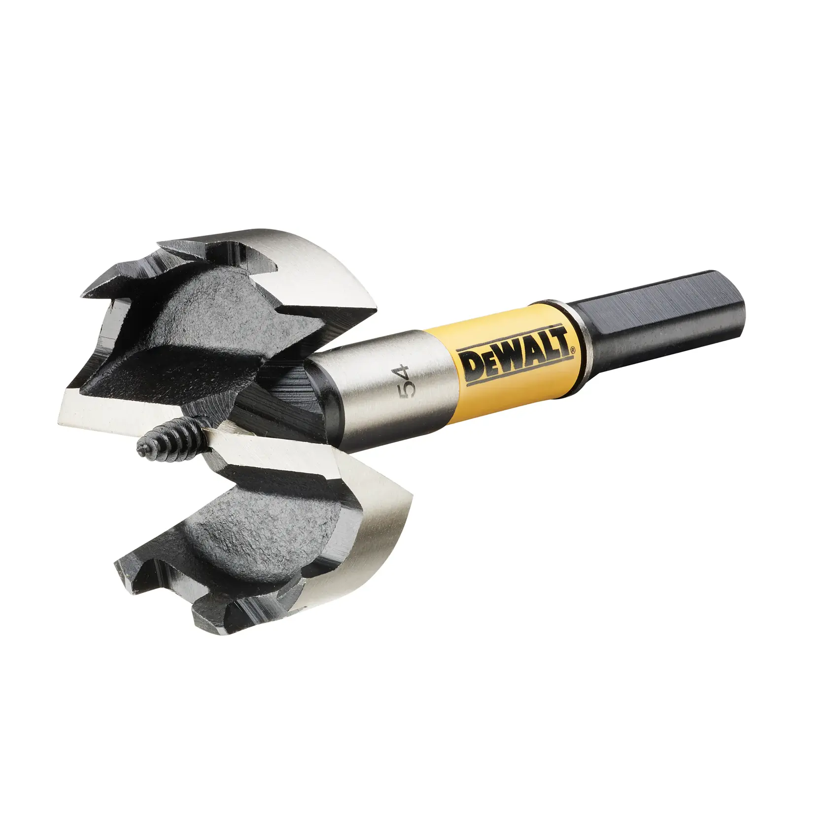 Nahaufnahme eines DEWALT-Holzbohrers mit gelb-schwarzem Etikett, Gewindespitze und scharfen Schneidkanten, geeignet für den Einsatz mit Elektroschraubern.