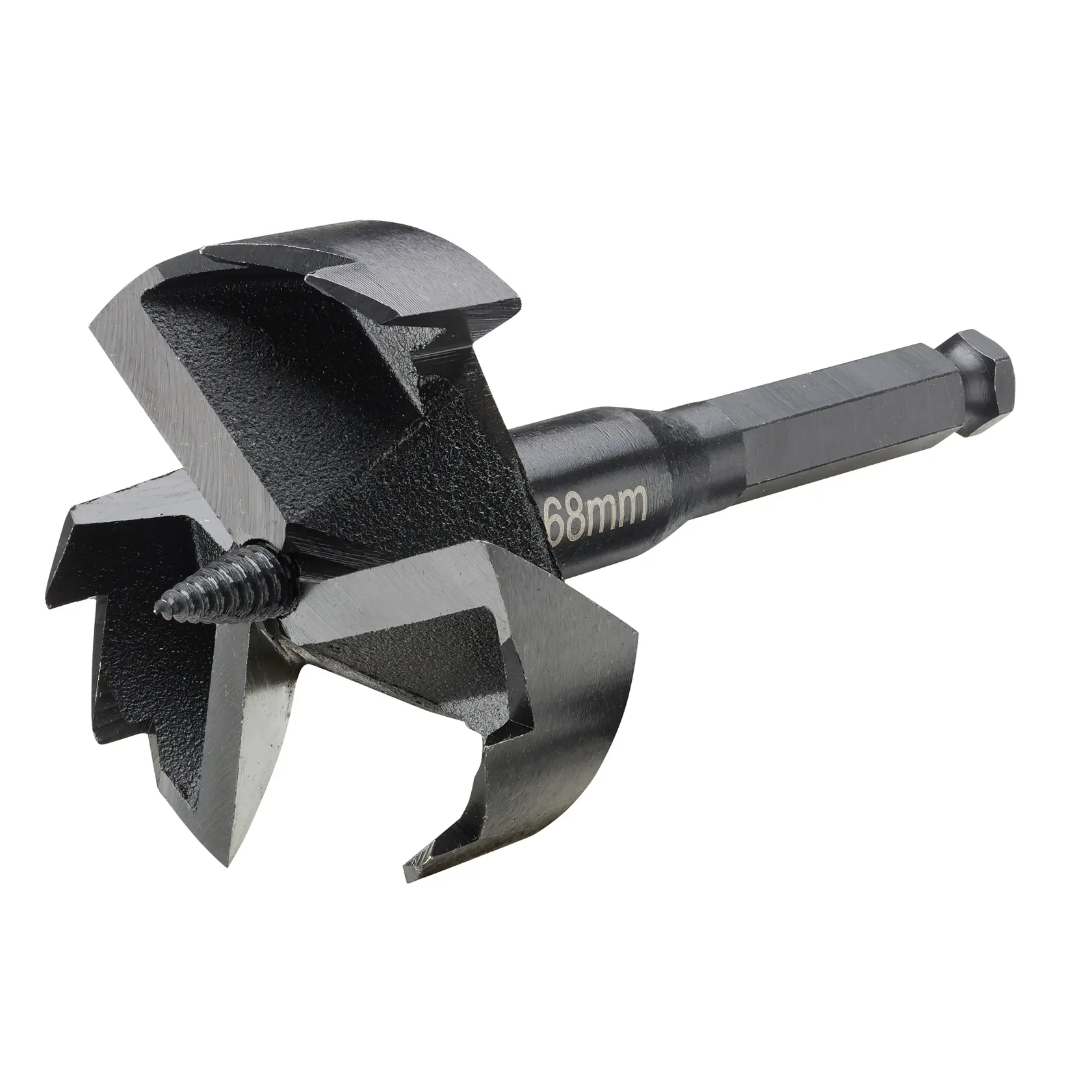 Broca de sierra de corona DEWALT DT4586 68mm, vástago hexagonal y bordes afilados, en primer plano.