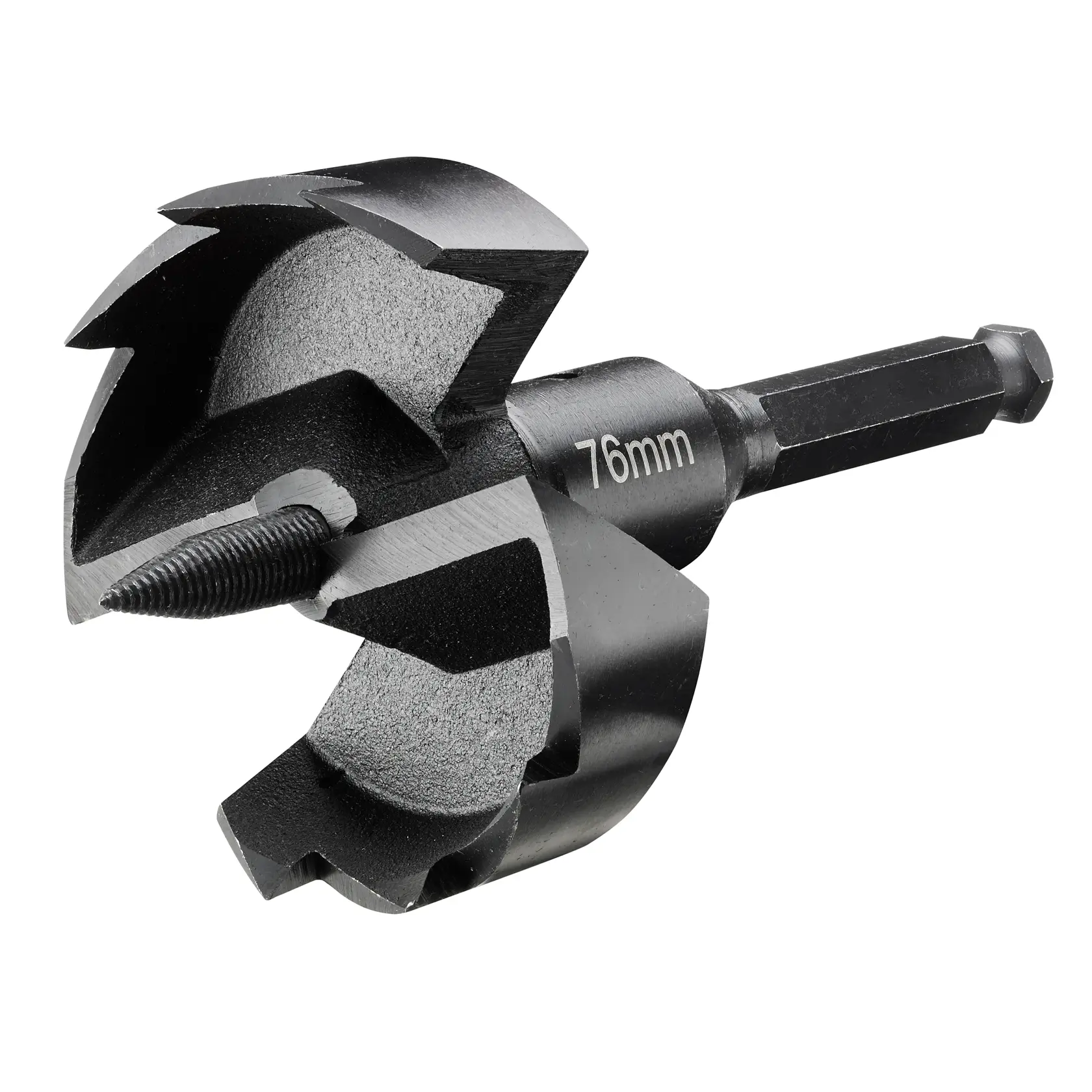 Broca DEWALT cortadora de agujeros 76mm con vástago hexagonal, cuerpo metálico y bordes de corte.