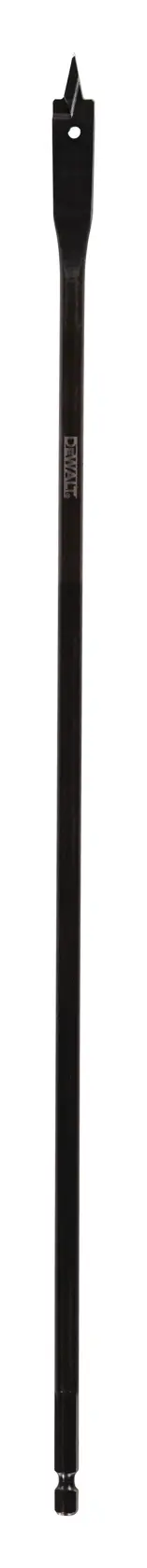 A long, black flat wood drill bit with a pointed tip, designed for drilling large holes in wood.