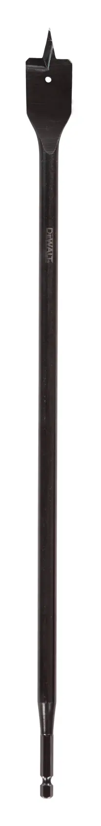 DEWALT Flachbohrer mit Zentrierspitze für Holz, langer Schaft, vor weißem Hintergrund dargestellt.