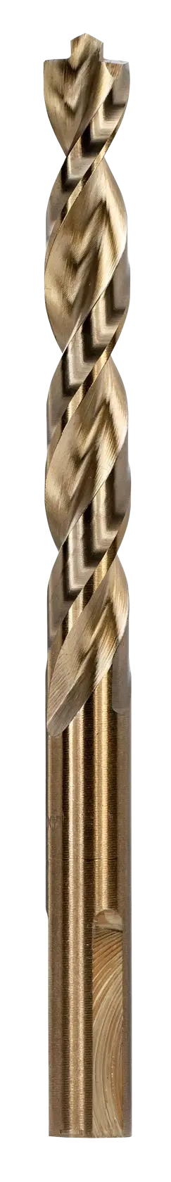 A single twist drill bit made of metal with a gold finish, shown upright on a white background.