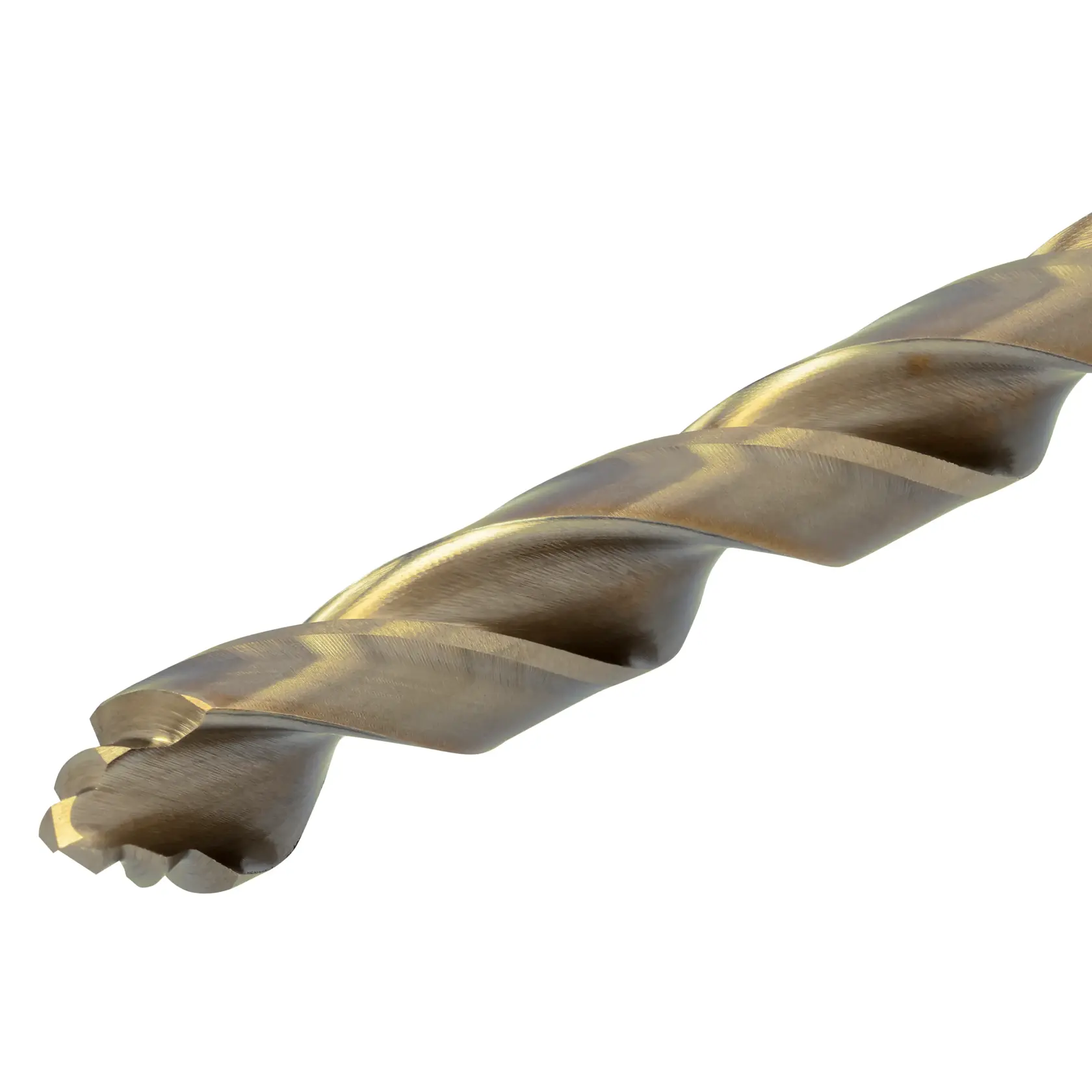 Nahaufnahme eines DEWALT Metallbohrers mit Spiralspitze vor weißem Hintergrund.