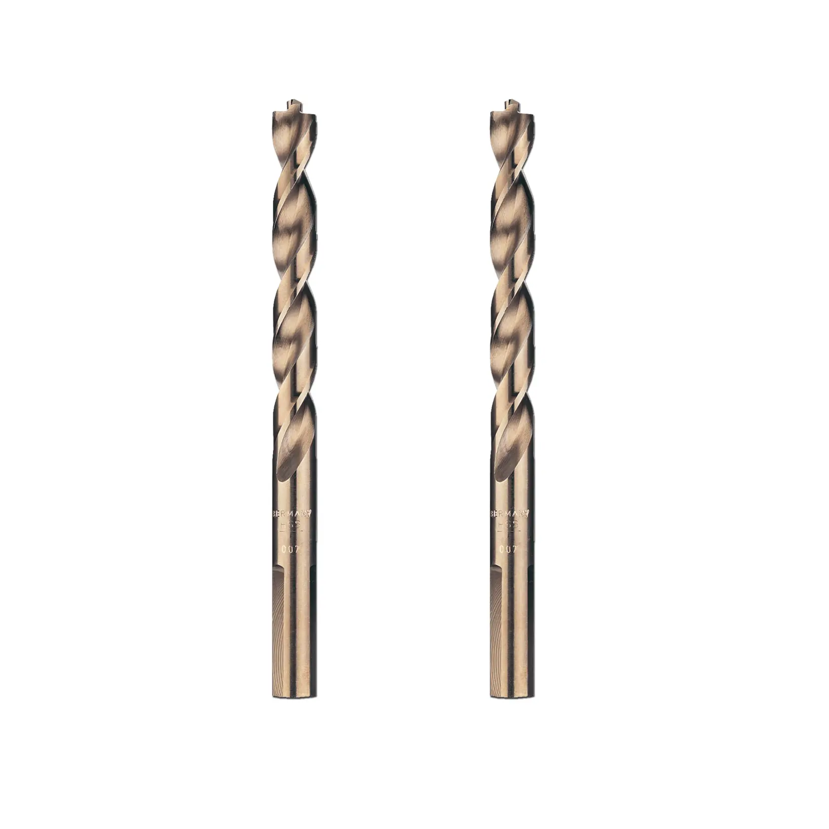 Dos brocas metálicas DEWALT con espirales, mostradas verticalmente sobre fondo blanco.