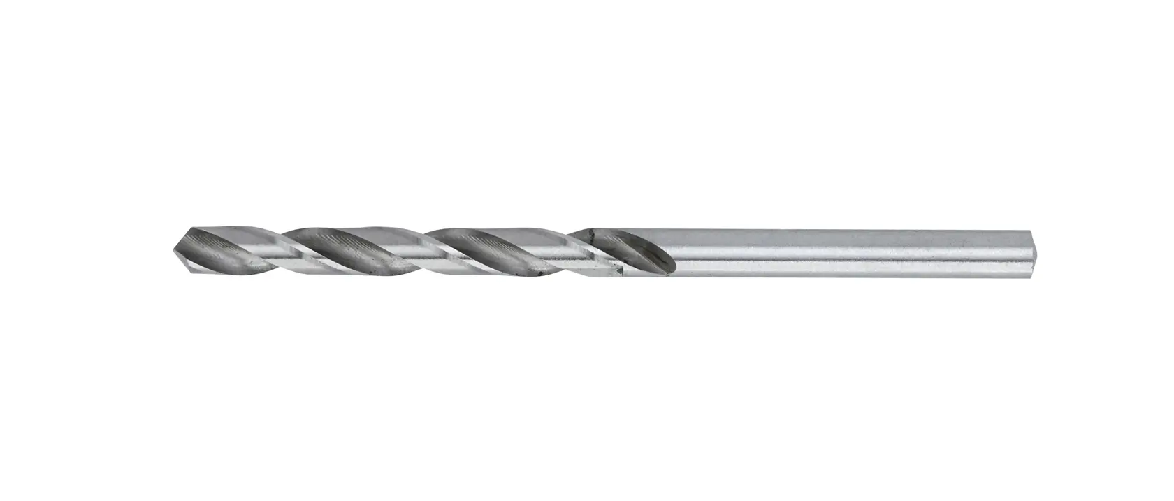 Broca de metal con eje retorcido y vástago hexagonal, mostrada sobre fondo blanco.