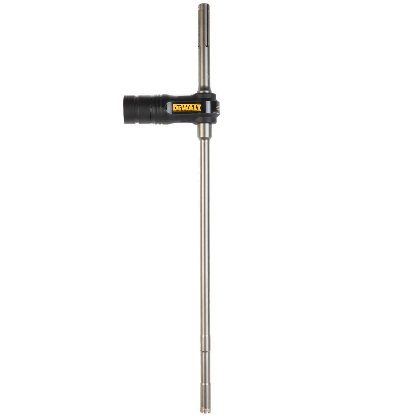 Broca cilíndrica larga DEWALT DT60231 con accesorio lateral, metal y plástico sobre fondo blanco.
