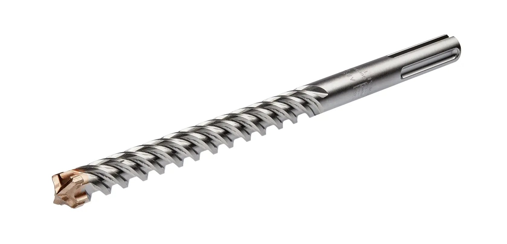 Broca SDS DEWALT para taladro, diseño espiral y punta de carburo, sobre fondo blanco.