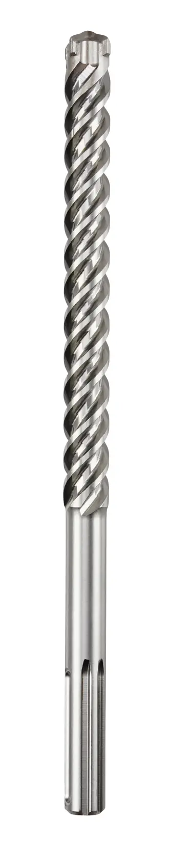 Broca de metal con estrías en espiral, utilizada para perforar materiales duros como concreto o mampostería.
