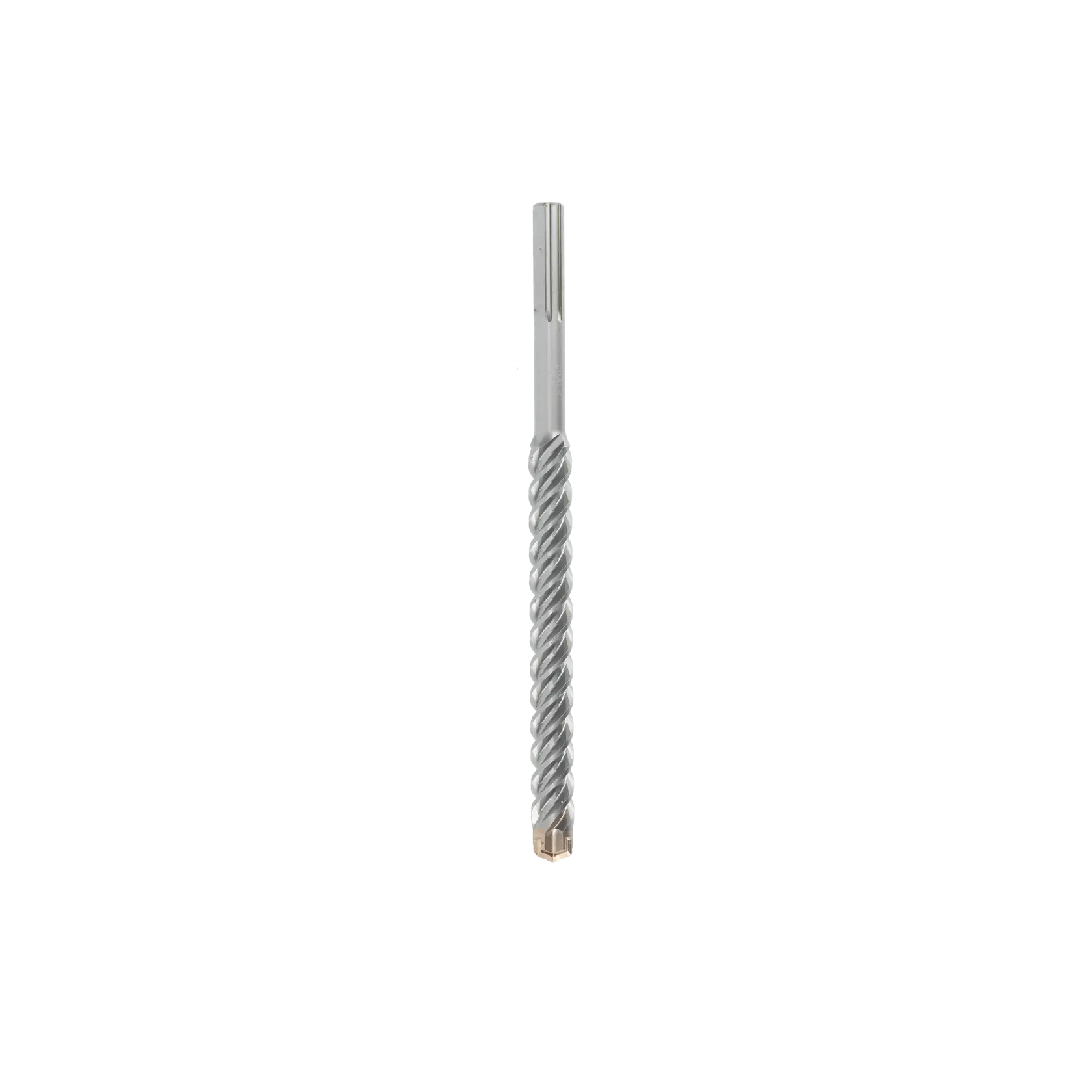 Metall-Bohrer mit Spiralrillen, vertikal auf weißem Hintergrund dargestellt.