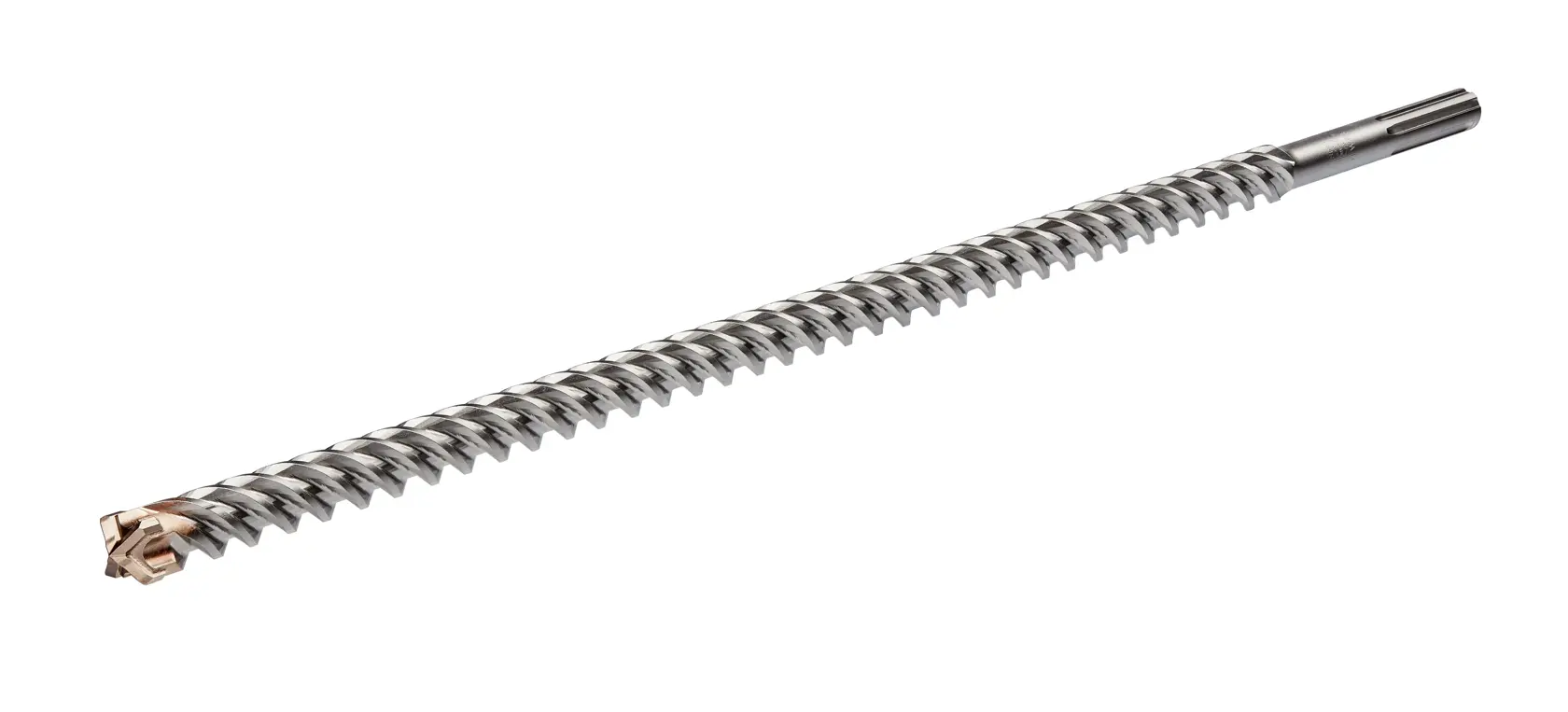 Ein DEWALT DT60830 SDS max-Mauerwerk-Bohrer mit spiralförmigem Schaft und Hartmetallspitze, geeignet zum Bohren in Beton und Stein.