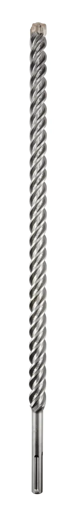 Una broca SDS larga y metálica de forma espiral, posicionada verticalmente sobre un fondo blanco.